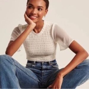 Abercrombie & Fitch Smocked Bodice Sheer Flutter Sleeve Crop Blouse